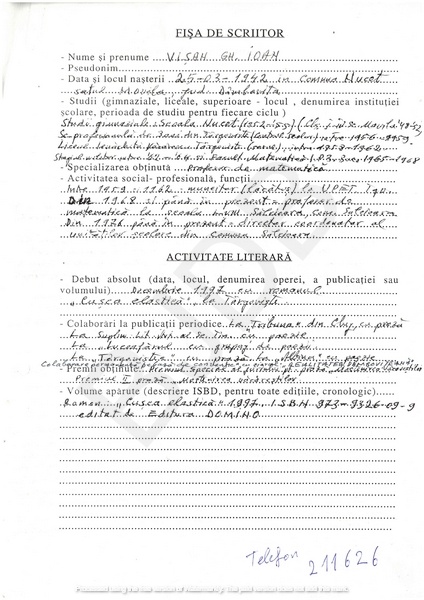 M-1321-1 - Fisa de scriitor VIȘAN GH. IOAN